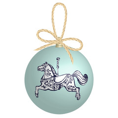 Christmas ball with linen bow and string. Vintage vector illustration of Christmas ball with Merry go round horse.
