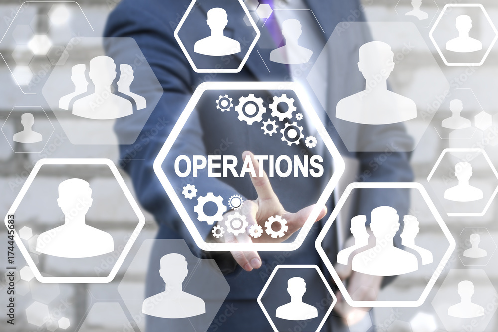 Poster successful young businessman using virtual touch interface with operations text button. operations m
