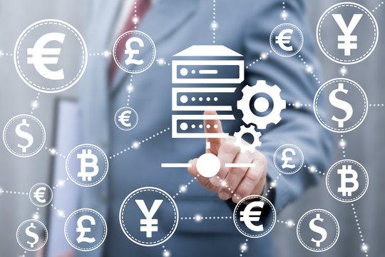 Financial Server Information Technology Internet Network Computing concept. Successful young businessman using virtual touch interface with share database gears button. Finance Digital Web Storage.