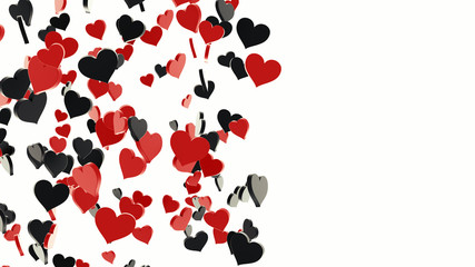A lot of red and black hearts on white background. Concept for Valentine's Day, Women's Day, and others. 3D Rendering.