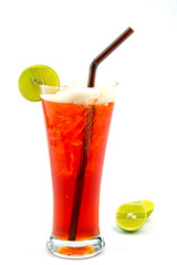 Glass of cold drink lemon tea ready to drink on white background