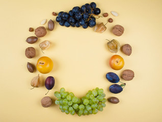 Autumn fruits and nuts on yellow background.