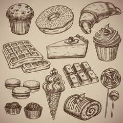Engraving a sweet set: muffin, donut, croissant, waffles, cheesecake, capcake, macaroons, chocolate bar, two chocolate sweets, ice cream in a waffle cup, a chocolate roll and two candies on a stick. E
