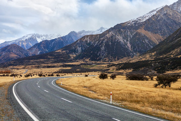 Landscape with Mountain winding road in  the Mount Cook National Park on cloudy autumn  day,  South Island, New Zealand.