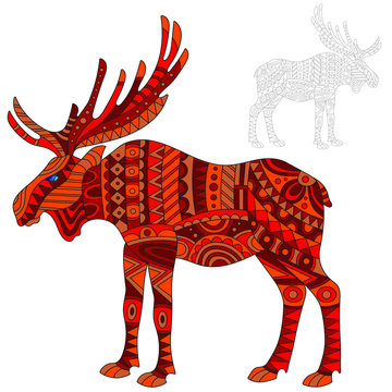 Illustration of abstract red elk, moose and painted its outline on white background , isolate
