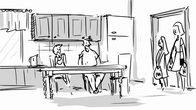 Happy family meeting in the kitchen Vector background sktech storyboard