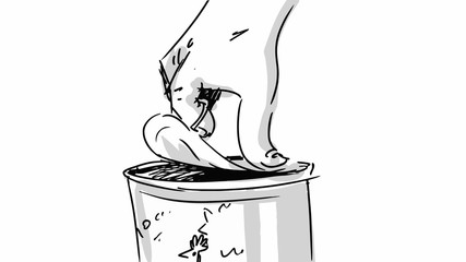 Hand opening canned pate. Vectors storyboard sketch