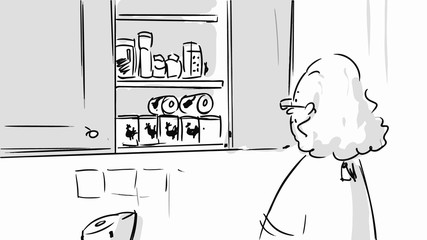 Granny looking for spices in the kitchen cabinets Vector storyboard sketch - 174451834