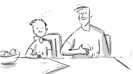 Happy dad and son starving or having meal. Vector storyboards sketch - 174451891