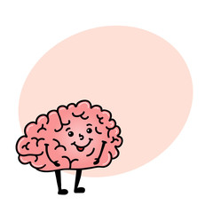Cute and funny brain character with human face and round space for text, cartoon vector illustration isolated on white background. Healthy smiling brain character with human face
