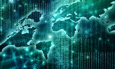 World map on a technological background, glowing lines symbols of the Internet, radio, television, mobile and satellite communications.
