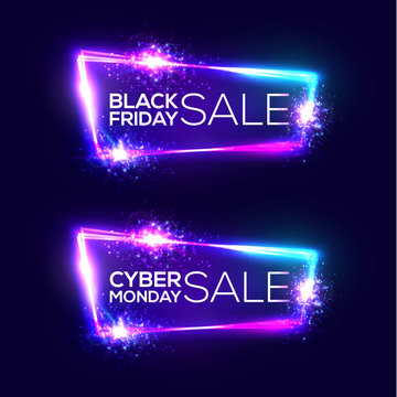 Black friday sale. Cyber monday sale. Neon background. Holiday shopping sign with flares and sparkles. Night club electric techno frame with explosion and light. 3d discount bokeh vector illustration.