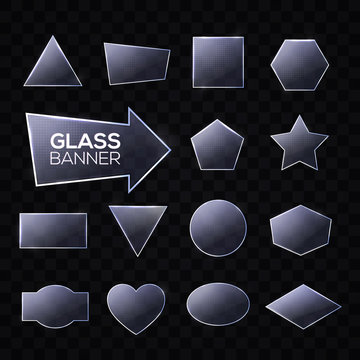 Glass plates set. Triangle, square, rectangle, round, oval, hexagon, pentagon, star, heart, arrow, circle shaped textured frames with glow and light. Technology banners. Realistic vector illustration.