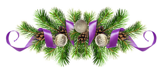 Christmas arrangemen with pine twigs, silver balls and purple ribbon