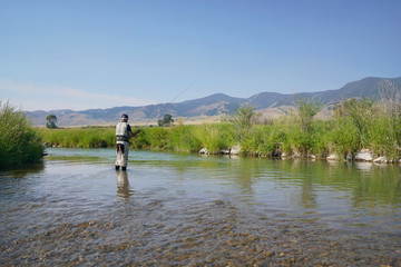 Fly fisherman fishing in river of Montana state