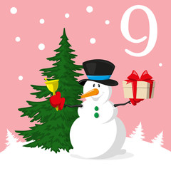 Fototapeta na wymiar Christmas advent holiday calendar banner. Cute snowman, snowflakes on red background. Cartoon style. Vector illustration