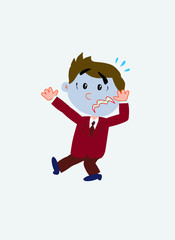 White businessman. Vector illustration isolated in a funny cartoon style. The character is terrified.