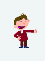 White businessman. Vector illustration isolated in a funny cartoon style. The character is happy, showing something to his side.