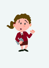 White businesswoman. Vector illustration isolated in a funny cartoon style. The character is surprised by something at his side; she has a document in her hand.