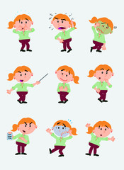 businesswoman character. Set with 9 variations for design work and animation.The character is angry, sad, happy, doubting…  Vector illustration to isolated and funny cartoons characters.