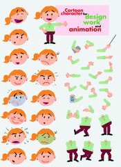 Funny cartoon of a businesswoman character. Face and body articulated elements, parts of body template for design work and animation. Vector illustration.