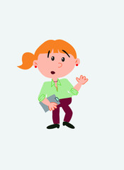 White businesswoman. Vector illustration isolated in a funny cartoon style. The character is surprised by something at his side; she has a document in her hand.