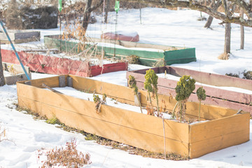 Modern raised wooden coloured garden vegetable and fruit beds in winter farm under snow