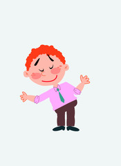 White businessman. Vector illustration isolated in a funny cartoon style. The character is making a gesture of welcome.