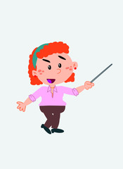 White businesswoman. Vector illustration isolated in a funny cartoon style. The character points with a pointer something to his side in a positive attitude.