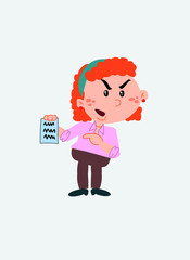 White businesswoman. Vector illustration isolated in a funny cartoon style. The character is angry, showing a document.