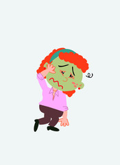 White businesswoman. Vector illustration isolated in a funny cartoon style. The character is sick, something dizzy.