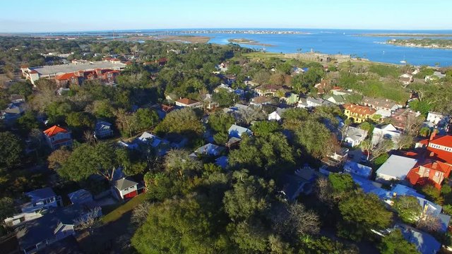 Flying down over Saint Augustine skyline, Florida.
