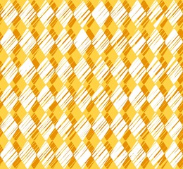 Diamonds, pattern, shading, yellow, seamless background, vector. Vertical stripes of white diamonds on a yellow background. Diamonds drawn with shading. Geometric background. 