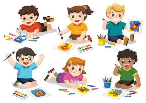 Back to school, Happy Children draw pictures pencils and paints on floor.Isolated vector.