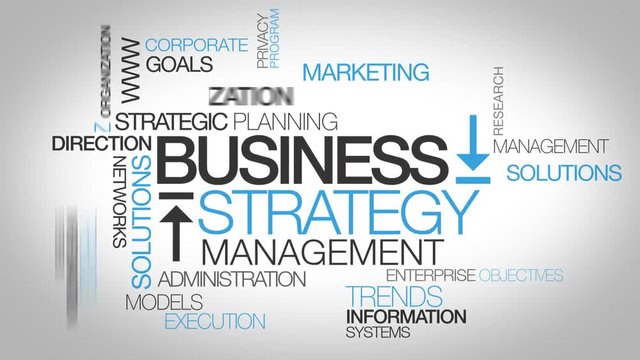 Business strategy management plan marketing strategic organization corporate goals enterprise planning model blue text words tag cloud animation