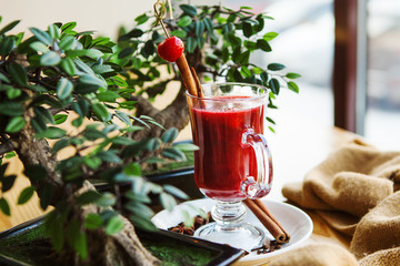 Closeup of hot mulled wine in glass with cinnamon sticks