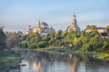 Boris and Gleb Monastery and Tvertsa river in the morning in Torzhok, Tver oblast, Russia