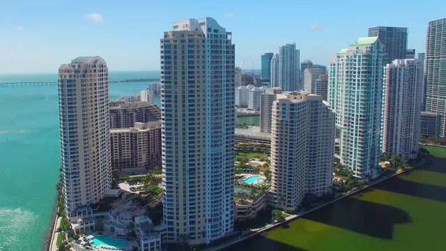Brickell Key buildings in Miami, amazing aerial view.