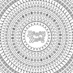 Merry xmas card. Greeting 2018 Christmas postcard. Hand drawn line border and frame. Calligraphy phrase. Handwritten season lettering. Winter holidays. Trendy doodle style. New Year brushes design.