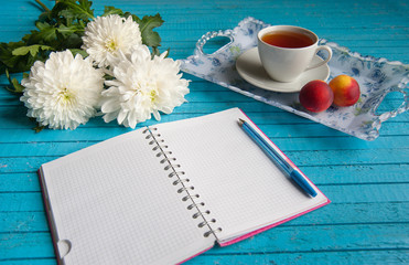 businessman's breakfast on a blue table