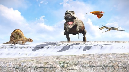 Velociraptor and pterodactyl 3d rendering © satori