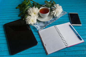 businessman's breakfast on a blue table