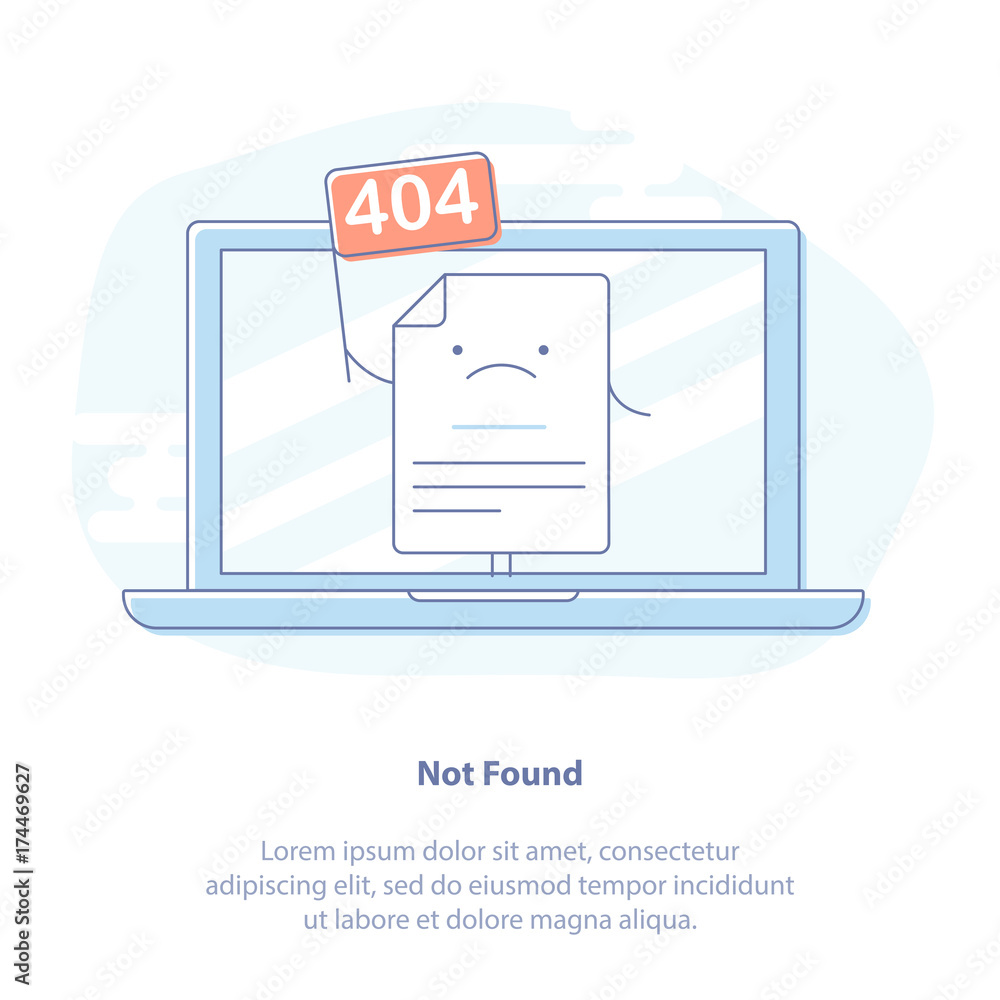 Poster 404 error page or file not found icon. page with flag 404 on laptop display. isolated vector illustr