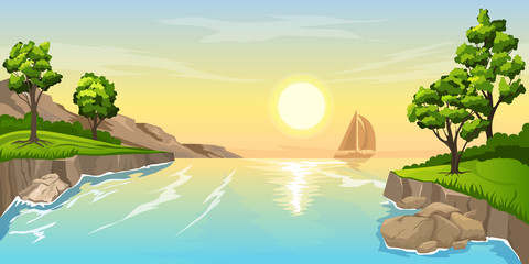 Seascape sunset with ship