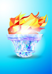 Torch, Flame.  A hand from the Olympic ribbons holds the Cup with a torch on a blue background in a geometric triangle of XXIII style Winter games. 