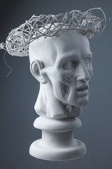 plaster statue of a human head. grey background.