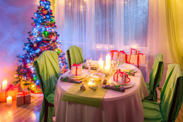 Breathtaking Christmas table setting during the frosty winter evening