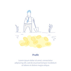 Profit, Income or Earnings. Business Success, Treasure. A man with a shovel want to dig. Money lies underground. Isolated vector illustration.