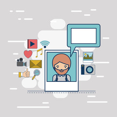 photo application with half body bearded man with multimedia icons on colorful decorative background