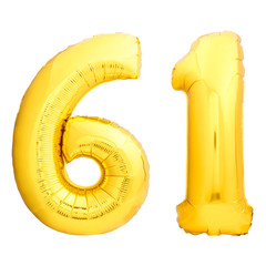 Golden number 61 sixty one made of inflatable balloon